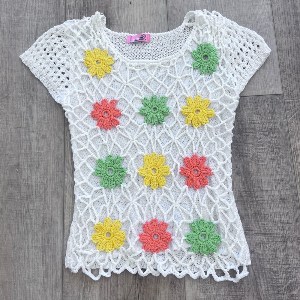 VTG System Crochet Tank Top 28” Cotton Silk Floral White NWOT Boho Hippie Retro